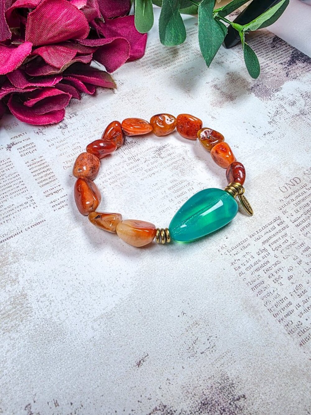 Carnelian & Aqua Czech Glass Bracelet